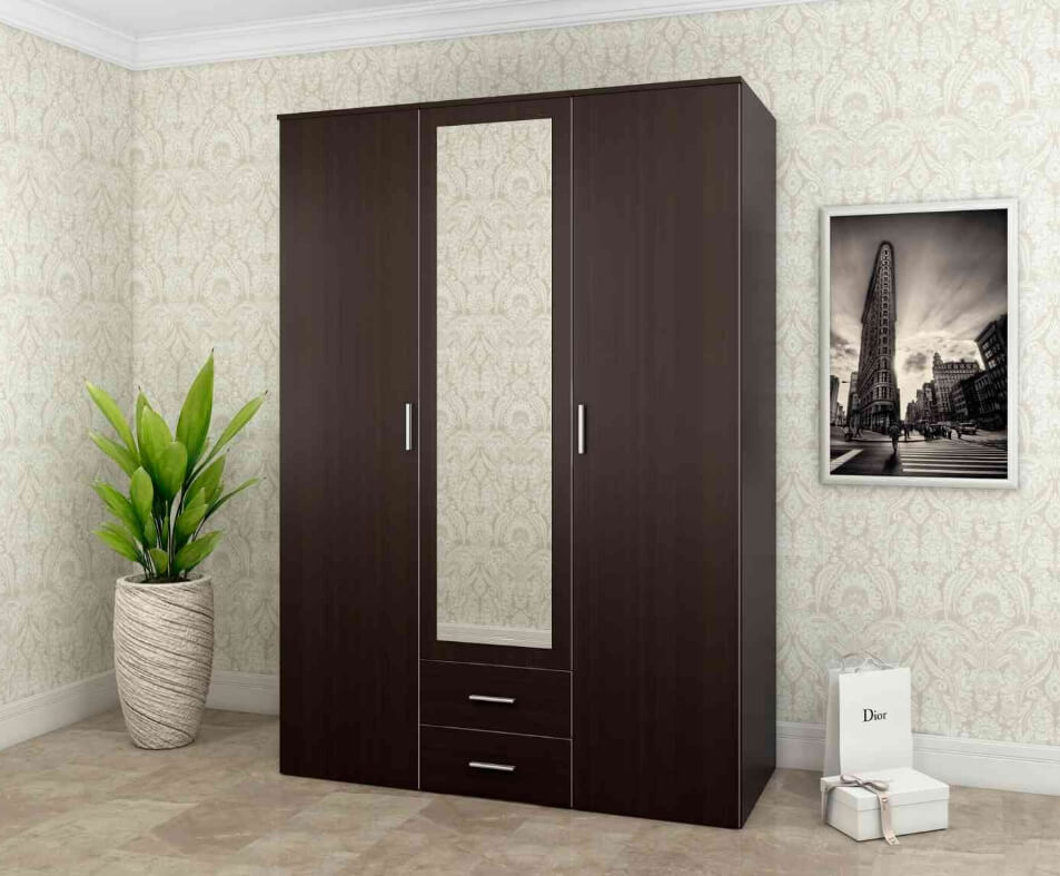 /3-дверный распашной шкаф №402 цвета венге с зеркалом и шухлядами на заказ
